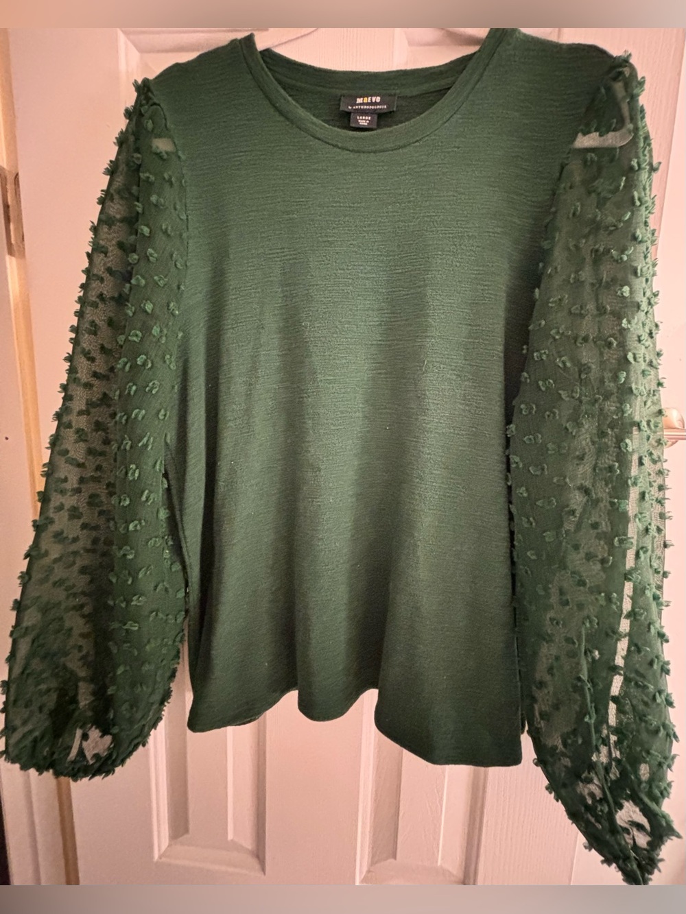 Maeve Sheer Sleeve Textured Knit Top - Green - Size Large